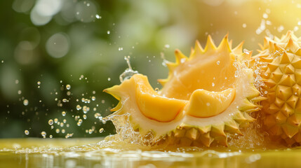 Levitation ripe durian with drops juice water splash