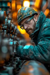 Male worker inspection at steel long pipes and pipe elbow in station oil factory during refinery valve of visual check record pipeline oil and gas industry.generative ai