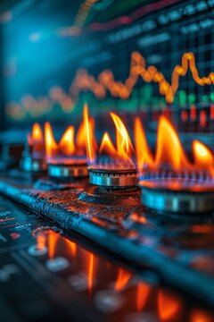 gas stove burners. Natural gas. Cost growth concept with gas burners and stock charts blurred on background, generative ai