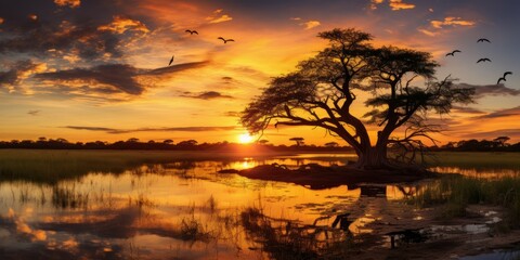 Fototapeta na wymiar African Twilight: Sunset Painting Over a Serene Lake