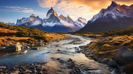 Zelfklevend Fotobehang River's Melody: Mountainous Backdrop in Harmonious Blend © Pavlo