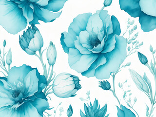 Delicadas flores estilo acuarela en color turquesa sobre un fondo blanco. Vista superior y de cerca. IA Generativa