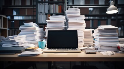 Busy office desk with a laptop and a large stack of paperwork