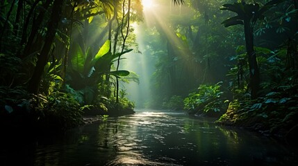 Jungle's Flow: A River Amidst Lush Canopy