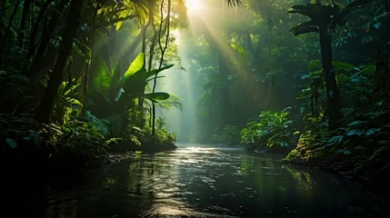 Fotobehang Jungle's Flow: A River Amidst Lush Canopy © Pavlo