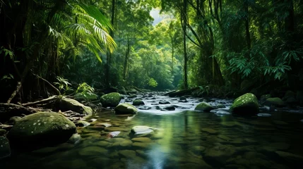 Fotobehang Bosrivier Forest's Flow: A River's Serenade in Twilight: