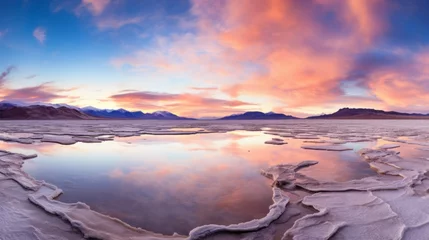 Fototapeten Desert's Mirage: Salt Lake Amidst Sandy Expanse © Pavlo