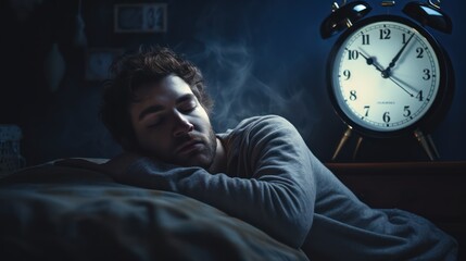 Depressed man lying in bed can't sleep late at morning with insomnia.