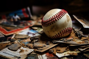 worn-out baseball among blurry sports cards. Generative AI - obrazy, fototapety, plakaty