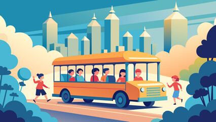 Colorful school bus with children in a cityscape vector illustration