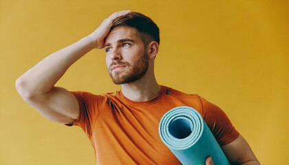 Young tired sad fitness trainer instructor sporty man sportsman wear orange t-shirt put hand on head hold yoga mat train in home gym isolated on plain yellow background. Workout sport fit abs concept