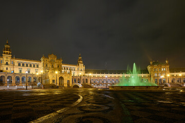 Fototapeta na wymiar Night view of Plaza de Espana after rain. Sevilla, Spain.