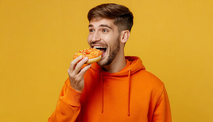 Young excited overjoyed man wear orange sweatshirt casual clothes hold in hand eat bite donut isolated on plain yellow background studio. Proper nutrition healthy fast food unhealthy choice concept