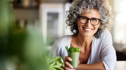 Smiling woman with curly grey hair, wearing glasses, holding a green smoothie in a modern kitchen with fresh vegetables on the countertop.