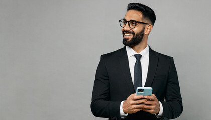 Adult employee business man corporate lawyer he wear classic formal black suit shirt tie work in office hold use mobile cell phone look aside on area isolated on plain grey background studio portrait - obrazy, fototapety, plakaty