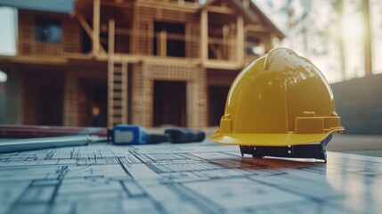 architectural project of the building and yellow helmet on design equipment generative ai
