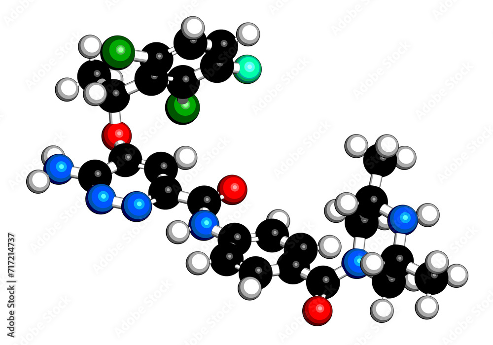 Sticker Ensartinib drug molecule. 3D rendering.