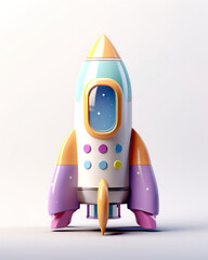 Space rocket in cartoon style on a white background, 3D illustration.
