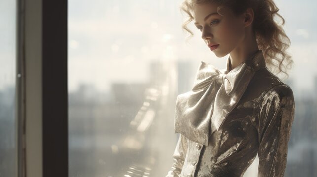 A girl in a gold festive dress with a large bow stands next to the panoramic window and looks out the window. View of the girl from behind. Realty. Holidays