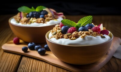 Greek yogurt with granola and fresh berries in bowls on wooden table