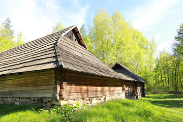  Traditional wooden Ukrainian houses from Transcarpathia in Pirogovo, Ukraine