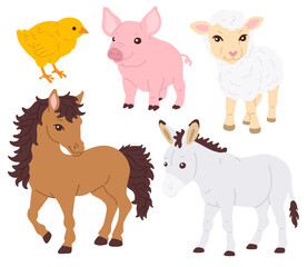 Vector illustration set of cute farm animals for digital stamp,greeting card,sticker,icon,design