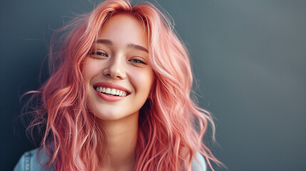 Fototapeta premium Portrait of a young asian woman with pink hair on a gray background
