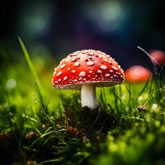 Close-up view of red white spotted mushroom in green grass. Amanita muscaria species. Dewdrops on cap surface. Blurred background with bokeh effect. Sunlight creates shadows adding depth