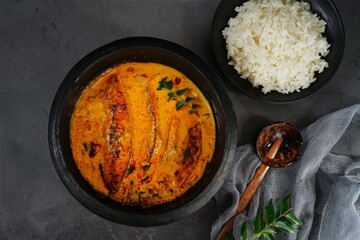 Homemade Kerala fish Molee - Molly served with boiled rice | South Indian Pompano fish curry