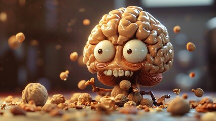 human brain looking happy and energetic, eating nuts generative ai