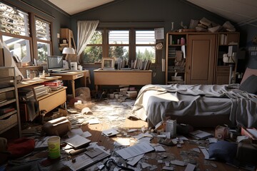 Abandoned and cluttered bedroom after a major earthquake, Ai Generated