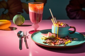 a vibrant treat on a dish with utensil and drink. Generative AI