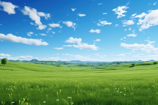 Beautiful spring landscape with green meadow and blue sky with clouds, Ai Generated
