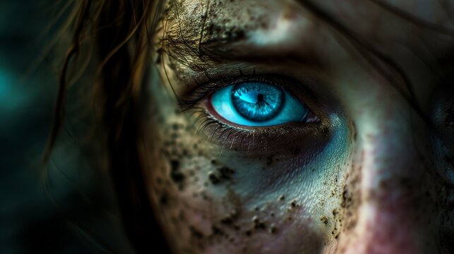 Extreme close-up portrait of girl blue eye with dirt and contusions on her skin, extremely detailed, dark theme, angry expression