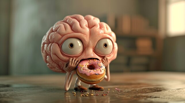 human brain looking tired and sleepy, eating a donut generative ai