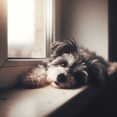 a lying dog, window sill, afternoon, soft diffused natural light, upward angle  generated  ia