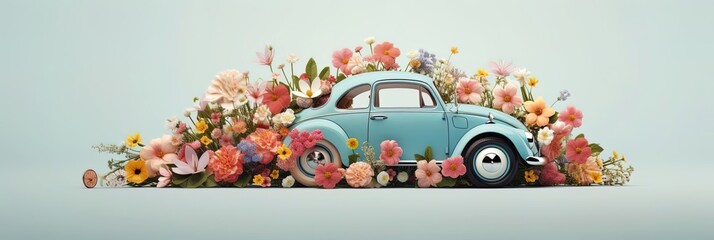 Blue retro car in a lot or fresh different spring flowers. Flower delivery and wedding decoration. Banner, light background. 