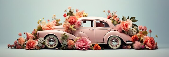 Pink classic retro car in a lot or fresh different spring flowers. Flower delivery and wedding decoration. Light background. Banner. 