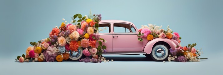 Classic retro pink car in a lot or fresh different spring flowers. Flower delivery and wedding decoration. Blue background. 