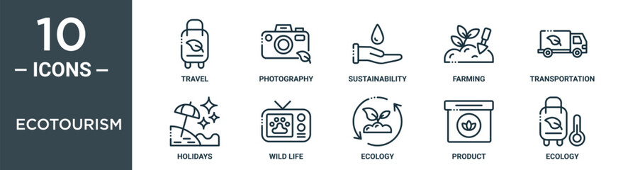 ecotourism outline icon set includes thin line travel, photography, sustainability, farming, transportation, holidays, wild life icons for report, presentation, diagram, web design