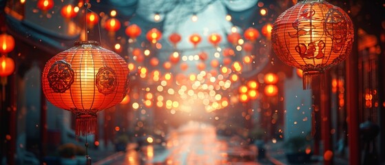 red lanterns chinese new year decoration celebratiion in town on road. traditional asian festival,generative ai