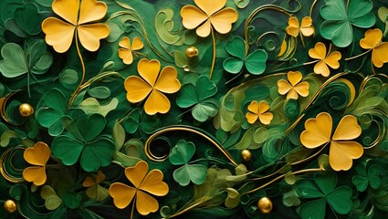 Background full of shamrocks and clovers is an abstract depiction of St Patrick's Day. - obrazy, fototapety, plakaty