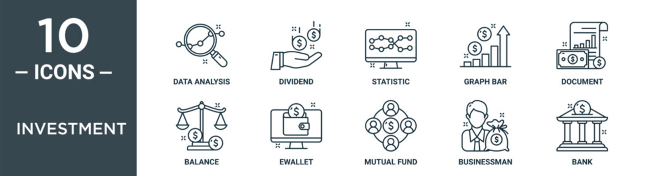 investment outline icon set includes thin line data analysis, dividend, statistic, graph bar, document, balance, ewallet icons for report, presentation, diagram, web design