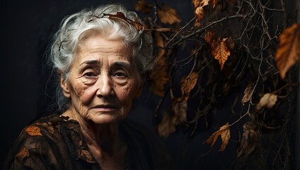 Sad face of an elderly woman covered with overgrown dry branches and leaves. Abstract representation of psychological disorders at late age.