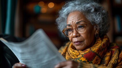 Senior african american woman reading a paper, representing bills and paperwork, worried look on her face, cost of living and budget concept,generative ai - Powered by Adobe