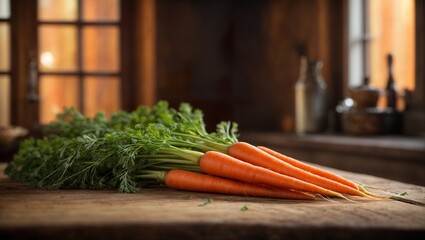 Vibrant freshly plucked carrots rest gracefully on an old cabin kitchen desk.