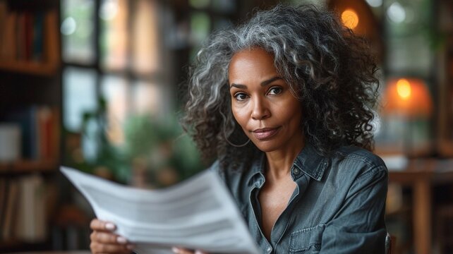 Senior african american woman reading a paper, representing bills and paperwork, worried look on her face, cost of living and budget concept,generative ai
