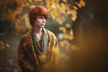Handsome male with auburn hair autumnal portrait. Redhaired guy with golden clothing in yellow foliage. Generate ai - obrazy, fototapety, plakaty