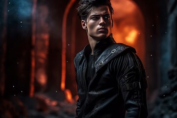 Handsome dark brown haired man warrior. Confident powerful knight on fiery background. Generate ai