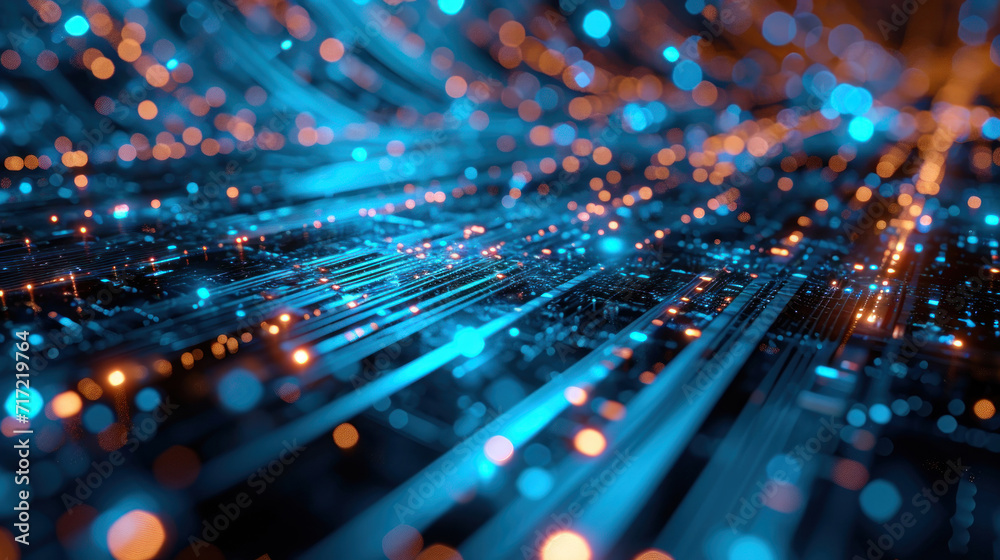 Wall mural digital cyberspace with bokeh lights and blue lines, abstract texture background. data energy of dar
